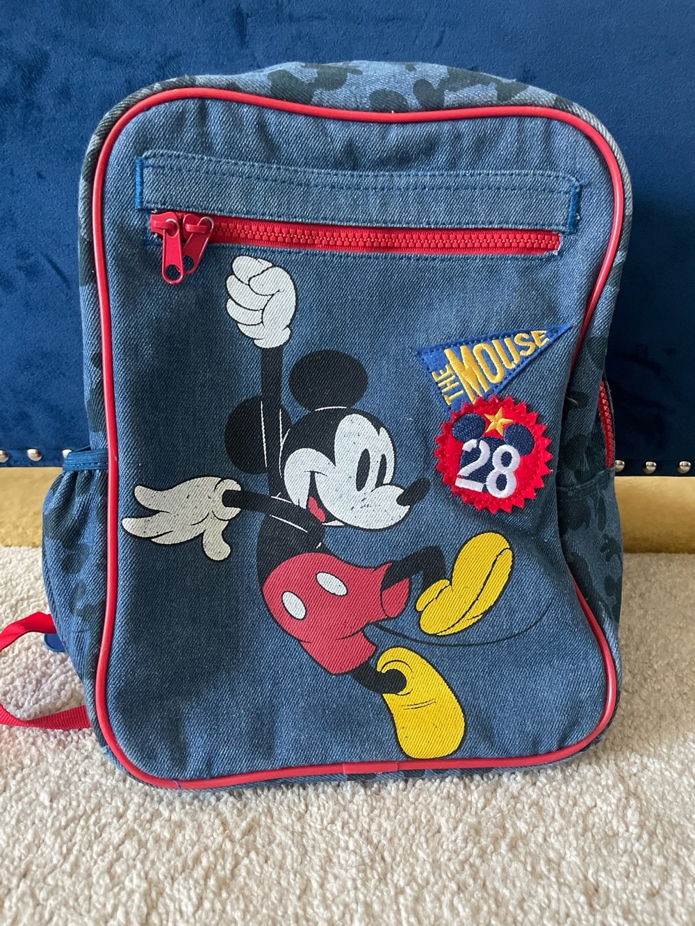 Mickey Mouse Denim Kids Backpack with Red Trim